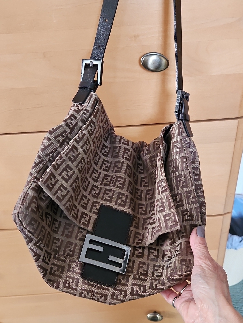 Vintage Fendi Brown Monogram Canvas Shoulder Bag with Silver-Tone F Buckle